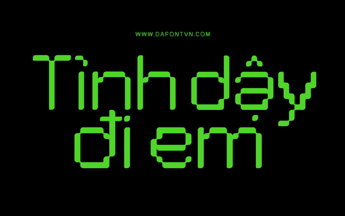DFVN Pexel Grotesk là sự kết hợp độc đáo giữa kiểu chữ pixel và thiết kế grotesk đương đại. Các ký tự được tạo từ khối bo tròn nhẹ, xen kẽ các chi tiết pixel dạng điểm, tạo nên hiệu ứng hình học nhưng không khô cứng. Kiểu dáng dài, thanh mảnh và mềm mại mang lại cảm giác dễ chịu, khác biệt với đa số font pixel góc cạnh truyền thống, dễ dàng ứng dụng vào các dự án công nghệ có yếu tố thẩm mỹ sáng tạo.
